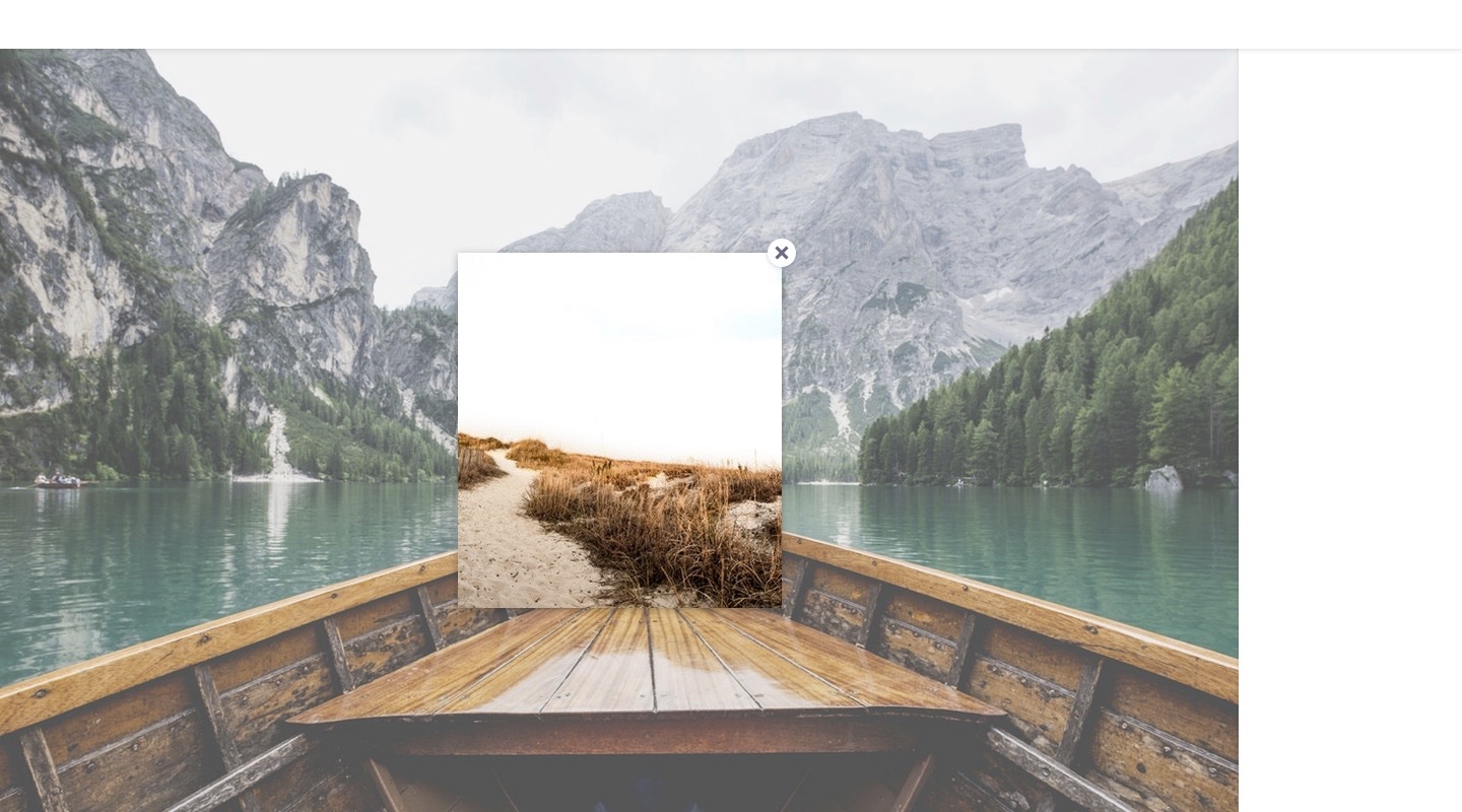 An image of what looks like a video screen capture with a small wooden boat on a mountain lake, with another image of a beach overlaid in the middle as if it were added on top. Small 'close' button in the top right corner of floating image.